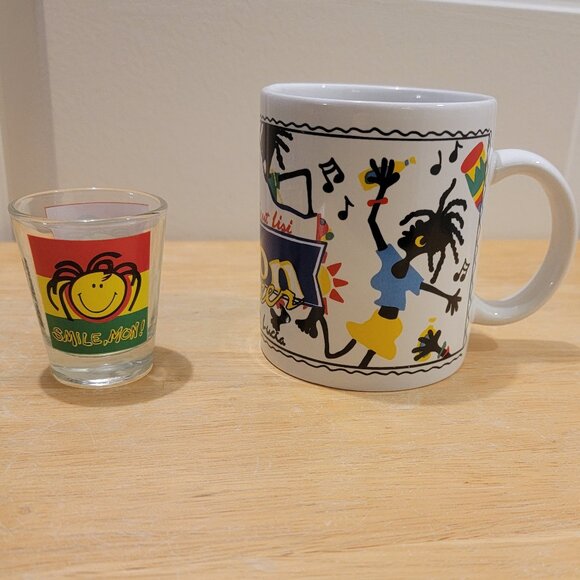 St. Lucia Coffee Mug & Smile Mon St. Martin/Maarten Shot Glass. Great Condition. - Picture 1 of 5